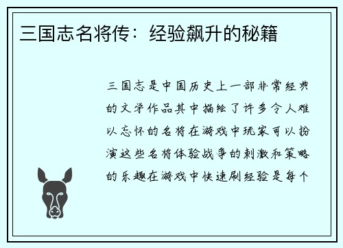 三国志名将传：经验飙升的秘籍